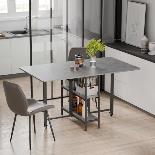 Mondeer Table à Manger Pliable avec 2 Etagères de Rangement, pour Petits Espaces, Cuisine et Salle à Manger