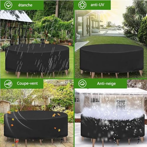 Housse Salon de Jardin 140x75cm 420D Tissu Oxford Anti UV Imperméable Coupe Vent Rond Noir Protection Parfaite pour Meub